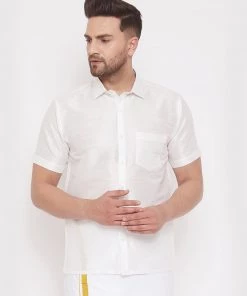 Vastramay Men's White Silk Blend Ethnic Shirt