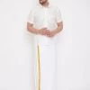 Vastramay Men's White Silk Blend Shirt And Mundu Set Pongal