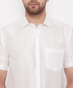 Vastramay Men's White Silk Blend Shirt And Mundu Set Pongal