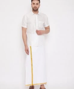 Vastramay Men's White Silk Blend Shirt And Mundu Set Pongal