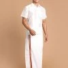 VASTRAMAY Men's White Silk Blend Shirt And Mundu Set