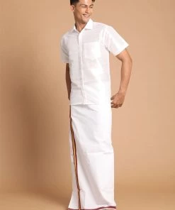 VASTRAMAY Men's White Silk Blend Shirt And Mundu Set
