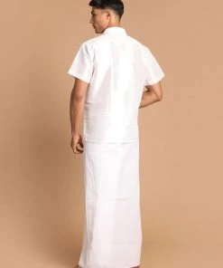 VASTRAMAY Men's White Silk Blend Shirt And Mundu Set