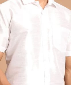 VASTRAMAY Men's White Silk Blend Shirt And Mundu Set