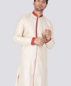Vastramay Men's Gold Silk Blend Sherwani Only Top