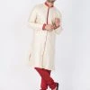 Vastramay Men's Gold And Maroon Silk Blend Sherwani Set