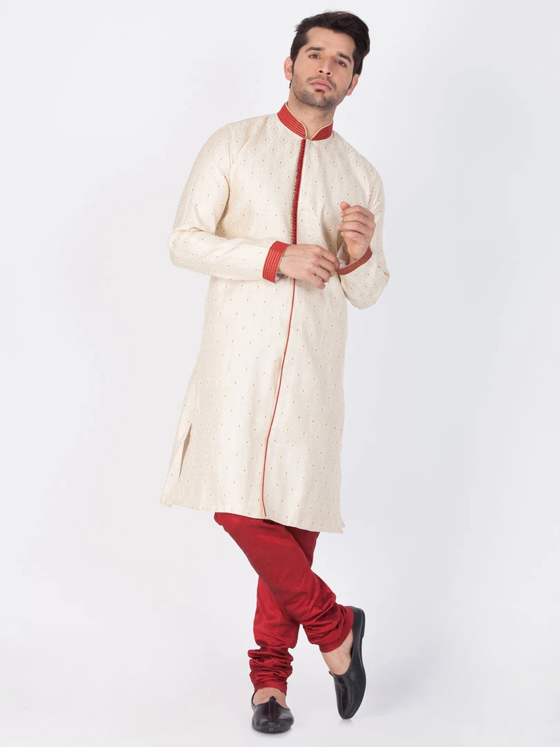 Vastramay Men's Gold And Maroon Silk Blend Sherwani Set 3 Vastramay Men's Gold And Maroon Silk Blend Sherwani Set