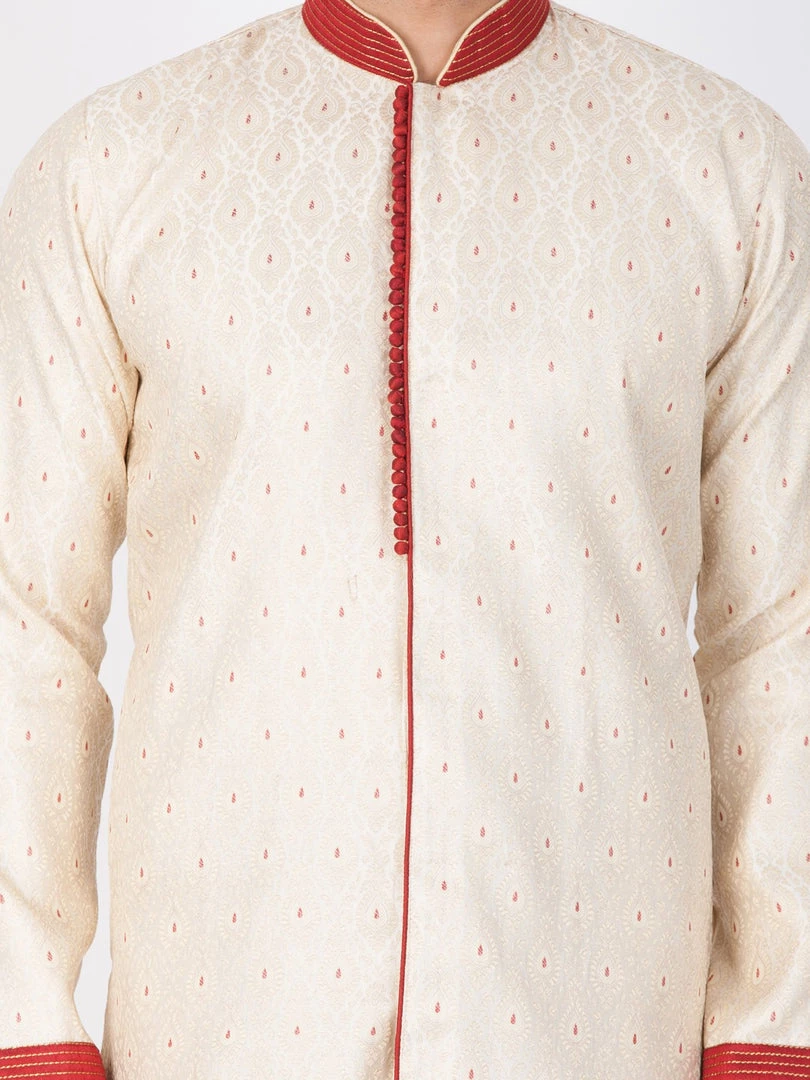 Vastramay Men's Gold And Maroon Silk Blend Sherwani Set 6 Vastramay Men's Gold And Maroon Silk Blend Sherwani Set