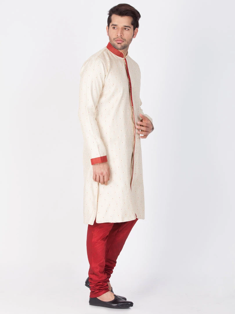 Vastramay Men's Gold And Maroon Silk Blend Sherwani Set 4 Vastramay Men's Gold And Maroon Silk Blend Sherwani Set