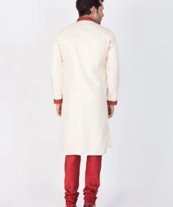 Vastramay Men's Gold And Maroon Silk Blend Sherwani Set