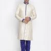 Vastramay Men's Gold And Blue Silk Blend Sherwani Set
