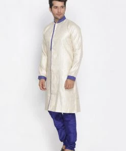 Vastramay Men's Gold And Blue Silk Blend Sherwani Set