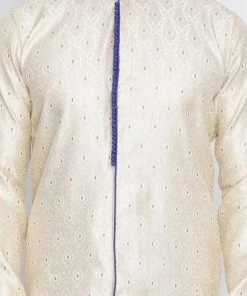 Vastramay Men's Gold And Blue Silk Blend Sherwani Set