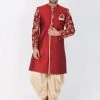 Vastramay Men's Maroon Silk Blend Sherwani Set
