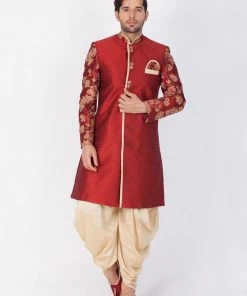 Vastramay Men's Maroon Silk Blend Sherwani Set