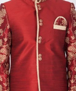 Vastramay Men's Maroon Silk Blend Sherwani Set