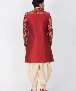Vastramay Men's Maroon Silk Blend Sherwani Set