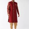 Vastramay Men's Maroon And Gold Silk Blend Sherwani Set