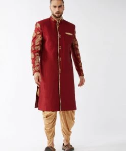 Vastramay Men's Maroon And Gold Silk Blend Sherwani Set