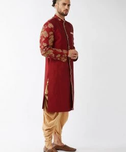 Vastramay Men's Maroon And Gold Silk Blend Sherwani Set