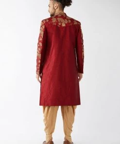 Vastramay Men's Maroon And Gold Silk Blend Sherwani Set