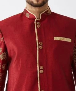 Vastramay Men's Maroon And Gold Silk Blend Sherwani Set
