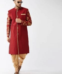 Vastramay Men's Maroon And Gold Silk Blend Sherwani Set