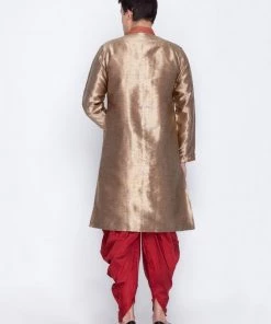 Vastramay Men's Gold Cotton Silk Blend Sherwani Set