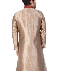 Vastramay Men's Gold Cotton Silk Blend Sherwani Top Sherwani/Indowestern Sets