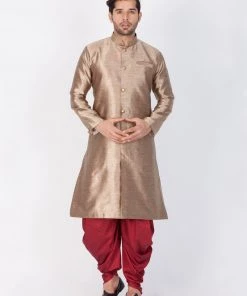 Vastramay Men's Gold Cotton Silk Blend Sherwani Set