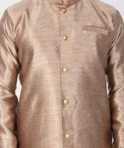Vastramay Men's Gold Cotton Silk Blend Sherwani Set 10 Vastramay Men's Gold Cotton Silk Blend Sherwani Set
