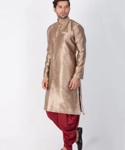 Vastramay Men's Gold Cotton Silk Blend Sherwani Set