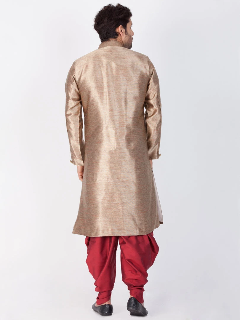 Vastramay Men's Gold Cotton Silk Blend Sherwani Set 6 Vastramay Men's Gold Cotton Silk Blend Sherwani Set
