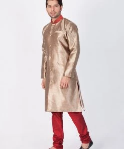 Vastramay Sherwani/Indowestern Sets Men's Gold Cotton Silk Blend Sherwani Set