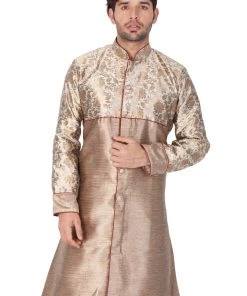 Vastramay Men's Gold Cotton Silk Blend Sherwani Top