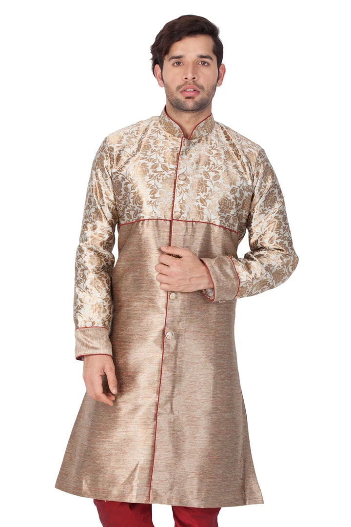 Vastramay Men's Gold Cotton Silk Blend Sherwani Top 3 Vastramay Men's Gold Cotton Silk Blend Sherwani Top