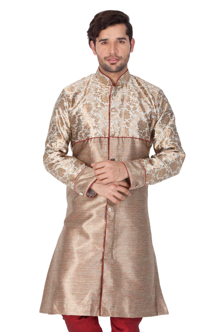Vastramay Men's Gold Cotton Silk Blend Sherwani Top 4 Vastramay Men's Gold Cotton Silk Blend Sherwani Top