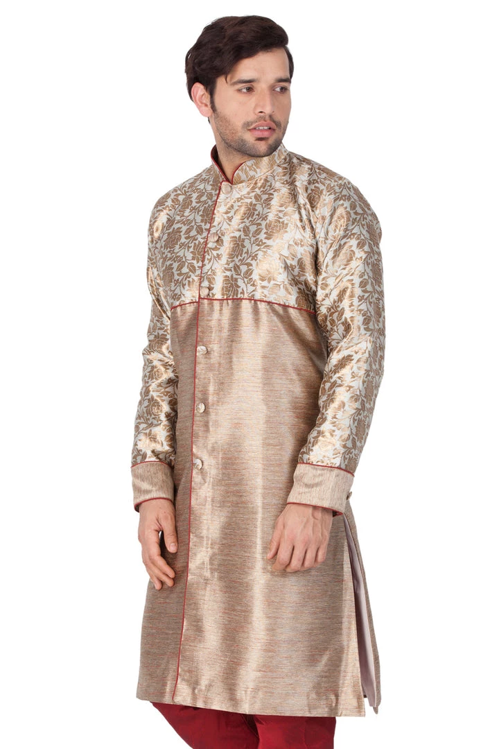 Vastramay Men's Gold Cotton Silk Blend Sherwani Top 6 Vastramay Men's Gold Cotton Silk Blend Sherwani Top