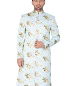 Vastramay Men's Light Green Base Multicolor Cotton Blend Sherwani Only Top Buy 1 Get 1