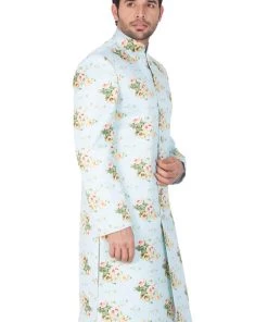 Vastramay Men's Light Green Base Multicolor Cotton Blend Sherwani Only Top Buy 1 Get 1