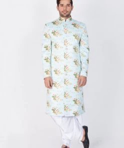Vastramay Buy 1 Get 1 Men's Green Base Multicolor Cotton Blend Sherwani Set