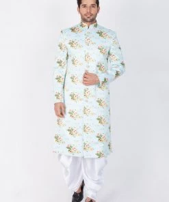 Vastramay Buy 1 Get 1 Men's Green Base Multicolor Cotton Blend Sherwani Set