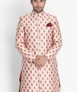 Vastramay Men's Pink Cotton Satin Blend Sherwani Only Top Sherwani/Indowestern
