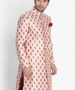 Vastramay Men's Pink Cotton Satin Blend Sherwani Only Top Sherwani/Indowestern