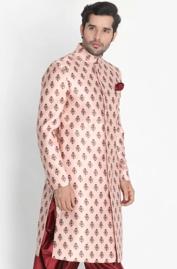 Vastramay Men's Pink Cotton Satin Blend Sherwani Only Top Sherwani/Indowestern 4 Vastramay Men's Pink Cotton Satin Blend Sherwani Only Top Sherwani/Indowestern