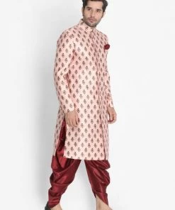 Vastramay Buy 1 Get 1 Men's Pink Cotton Satin Blend Sherwani Set