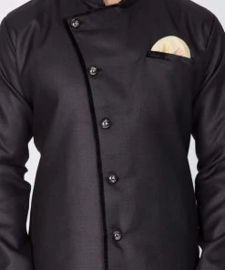 Vastramay Sherwani/Indowestern Sets Men's Black And Gold Cotton Blend Sherwani Set