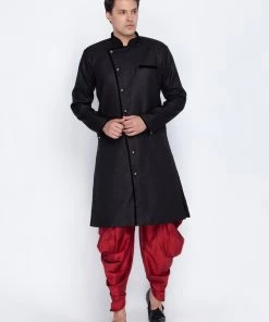 Sherwani/Indowestern Vastramay Cotton Blend Black Baap Beta Sherwani Set