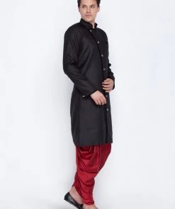 Vastramay Men's Black Cotton Blend Sherwani Set