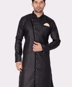 Vastramay Men's Black Cotton Blend Sherwani Only Top